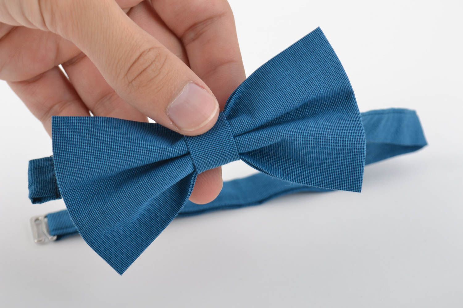 Stylish cotton bow tie with adjustable strap handmade blue men's accessory photo 2