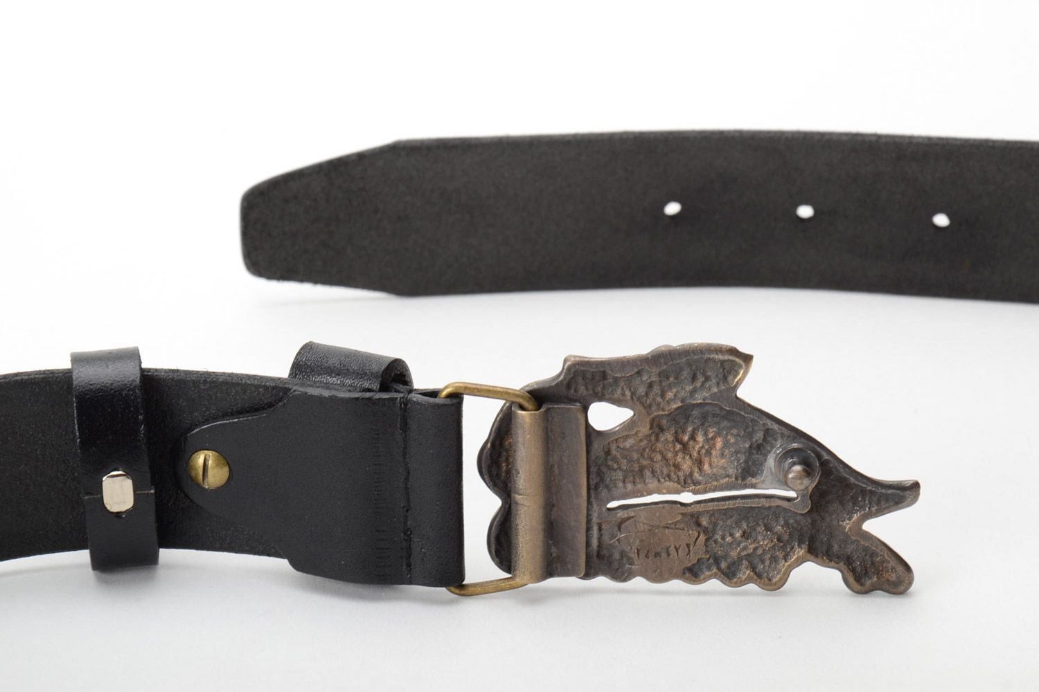 Homemade black genuine leather belt with brass buckle in the shape of bull photo 3