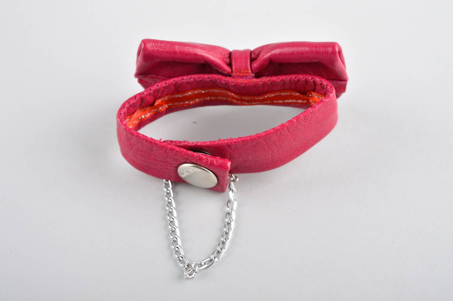 Handmade leather wrist bracelet pink bracelet with bow  leather accessories  photo 3