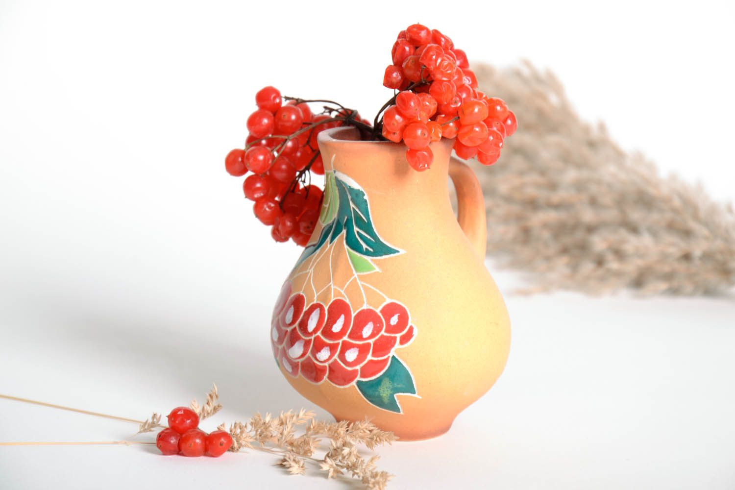 25 oz handmade ceramic water or mil or juice pitcher jug in beige color floral design 0,56 lb photo 1