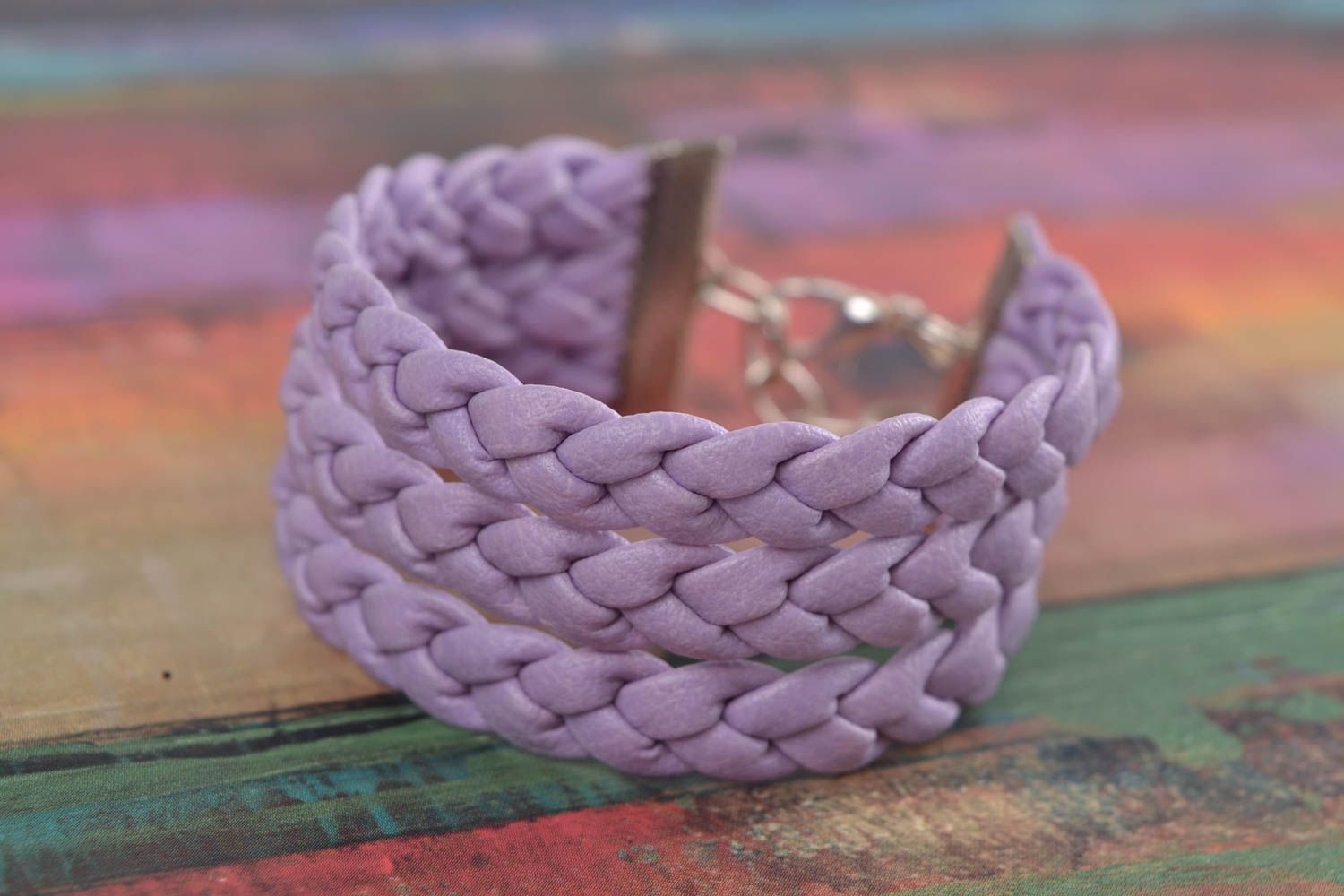 Handmade beautiful designer faux leather wrist bracelet of lilac color wide photo 1
