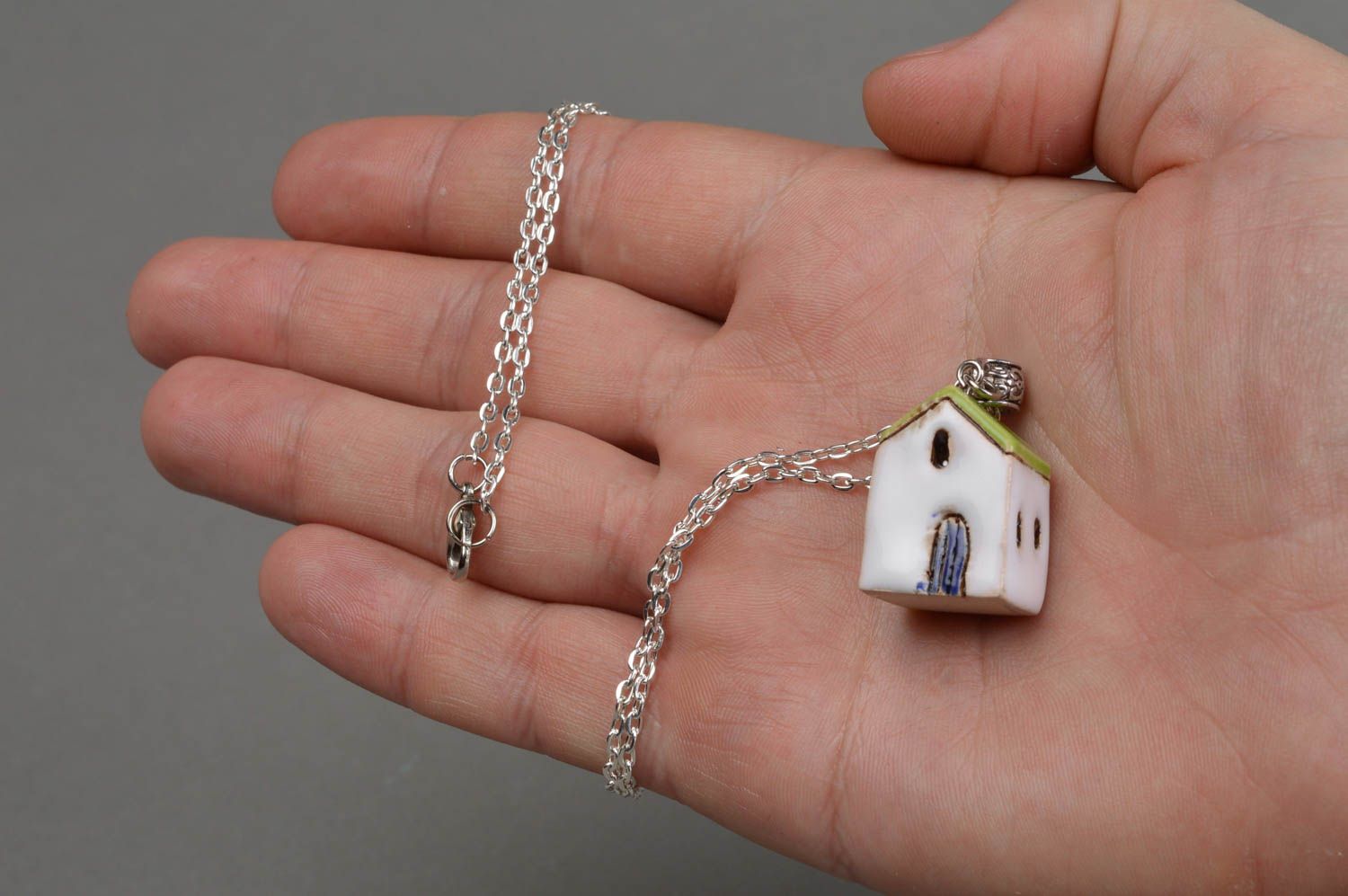 Handmade designer ceramic pendant necklace white house with green roof on chain photo 4