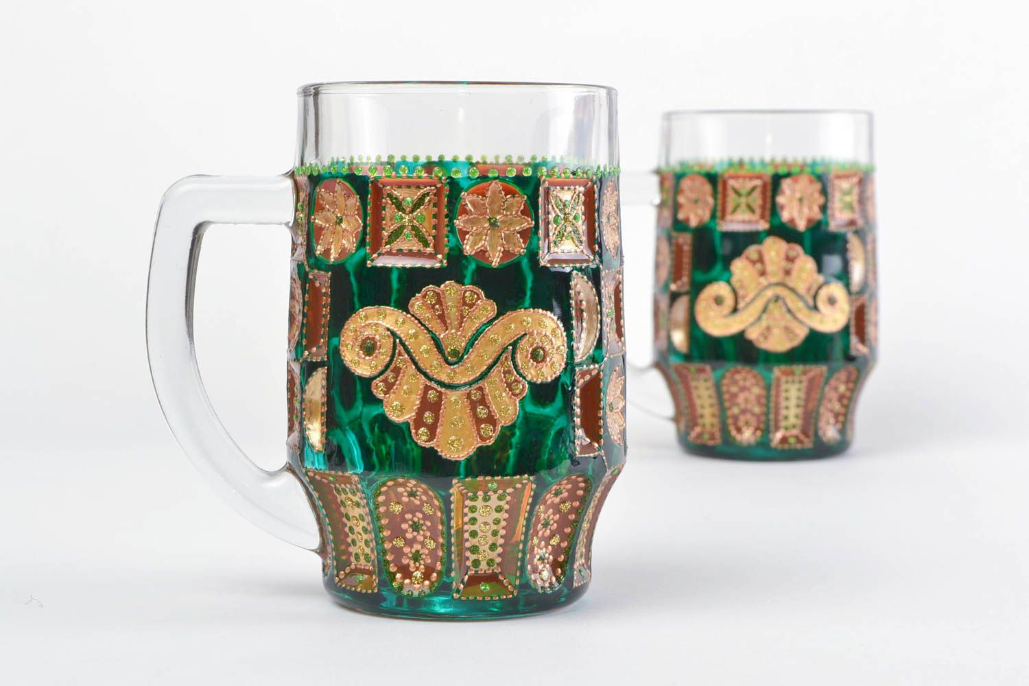 Handmade decorative glass beer mug with acrylic dot painting green and brown  photo 1