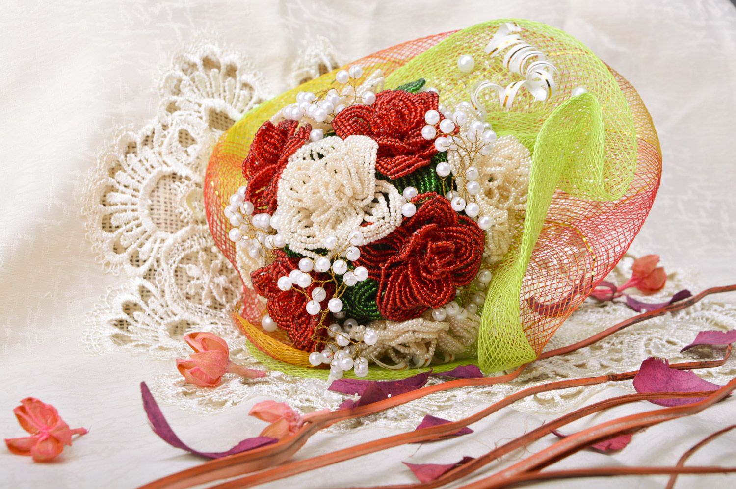 Magnificent bright handmade white and red wedding bouquet woven of beads  photo 1