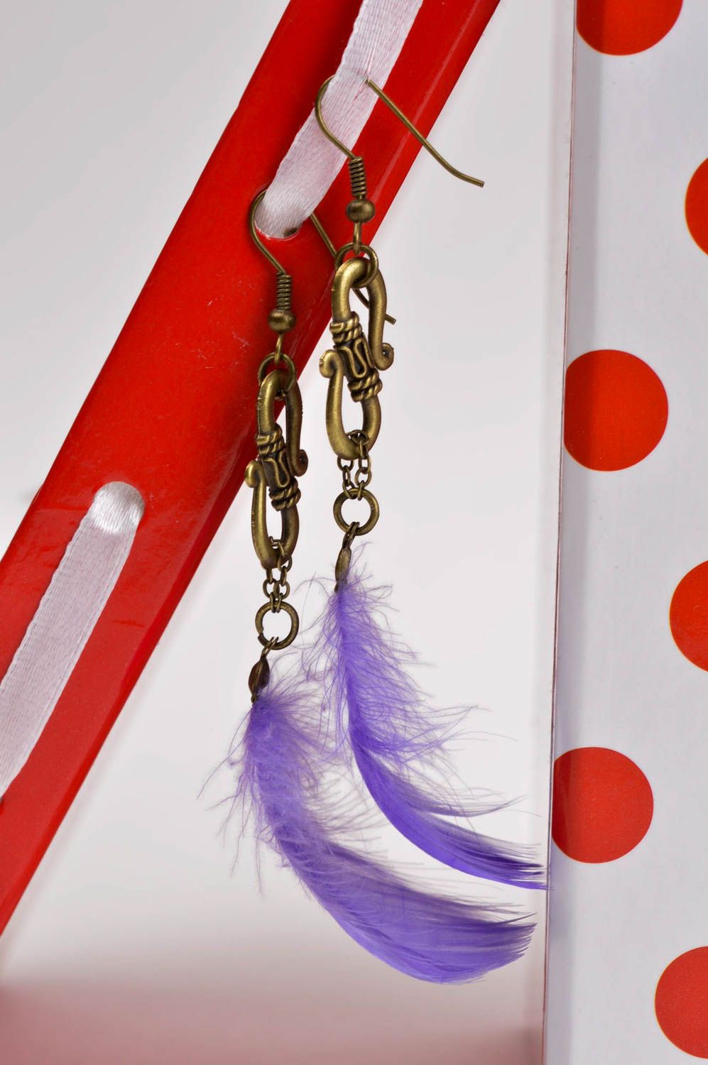 Handmade earrings with charms long feather earrings unusual jewelry gift ideas photo 2