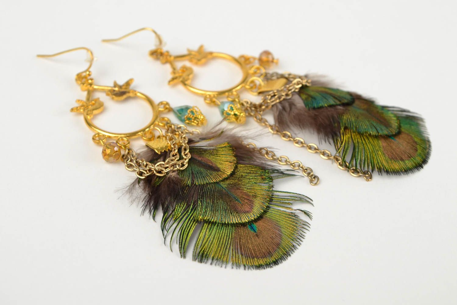 Stylish peacock feather earrings handmade designer bijouterie unique present photo 4