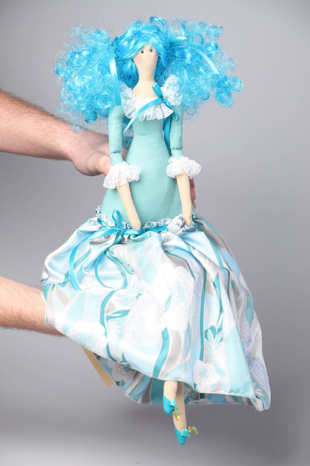 Handmade designer fabric doll with blue hair photo 4