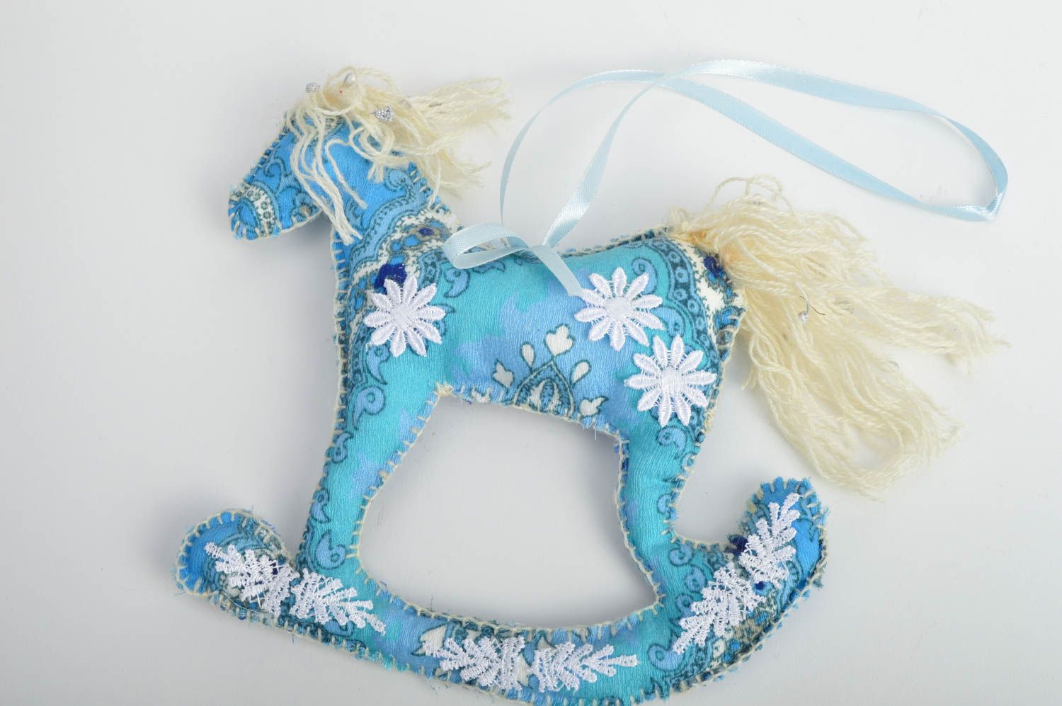 Handmade decorative wall hanging interior fabric soft toy blue rocking horse photo 4