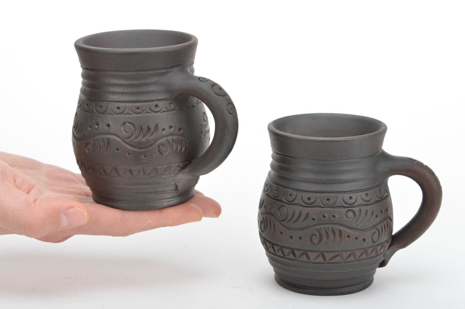 Set of dark brown two 16 oz cups with handle and rustic plain pattern photo 3