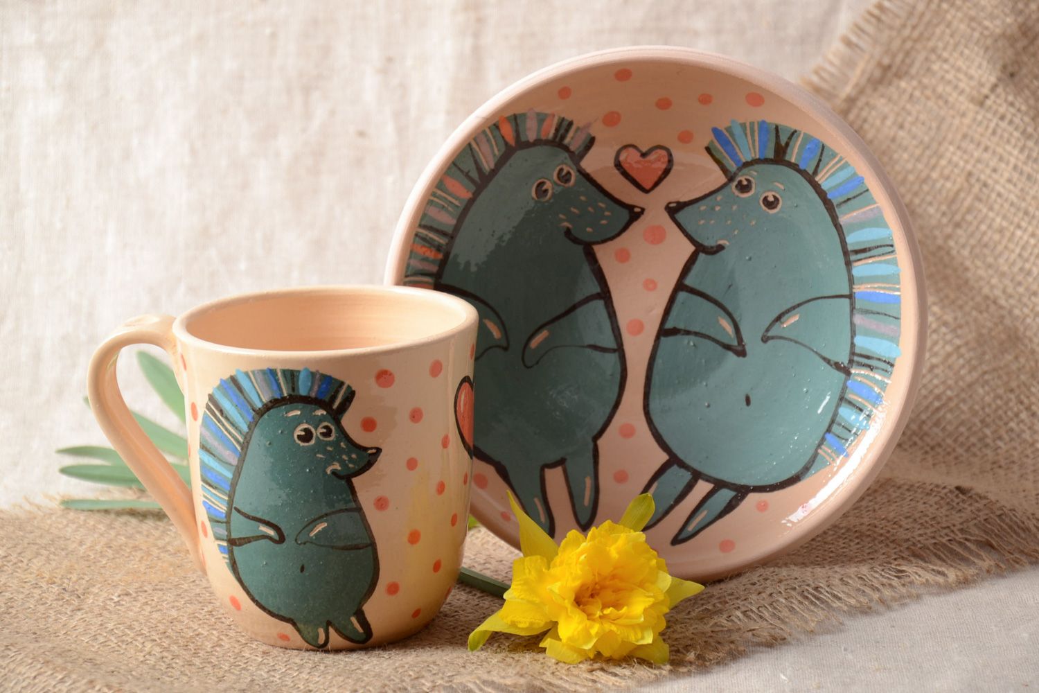 Set of ceramic handmade kitchenware set of kids' drinking cup and plate bowl with hedgehogs pattern photo 1