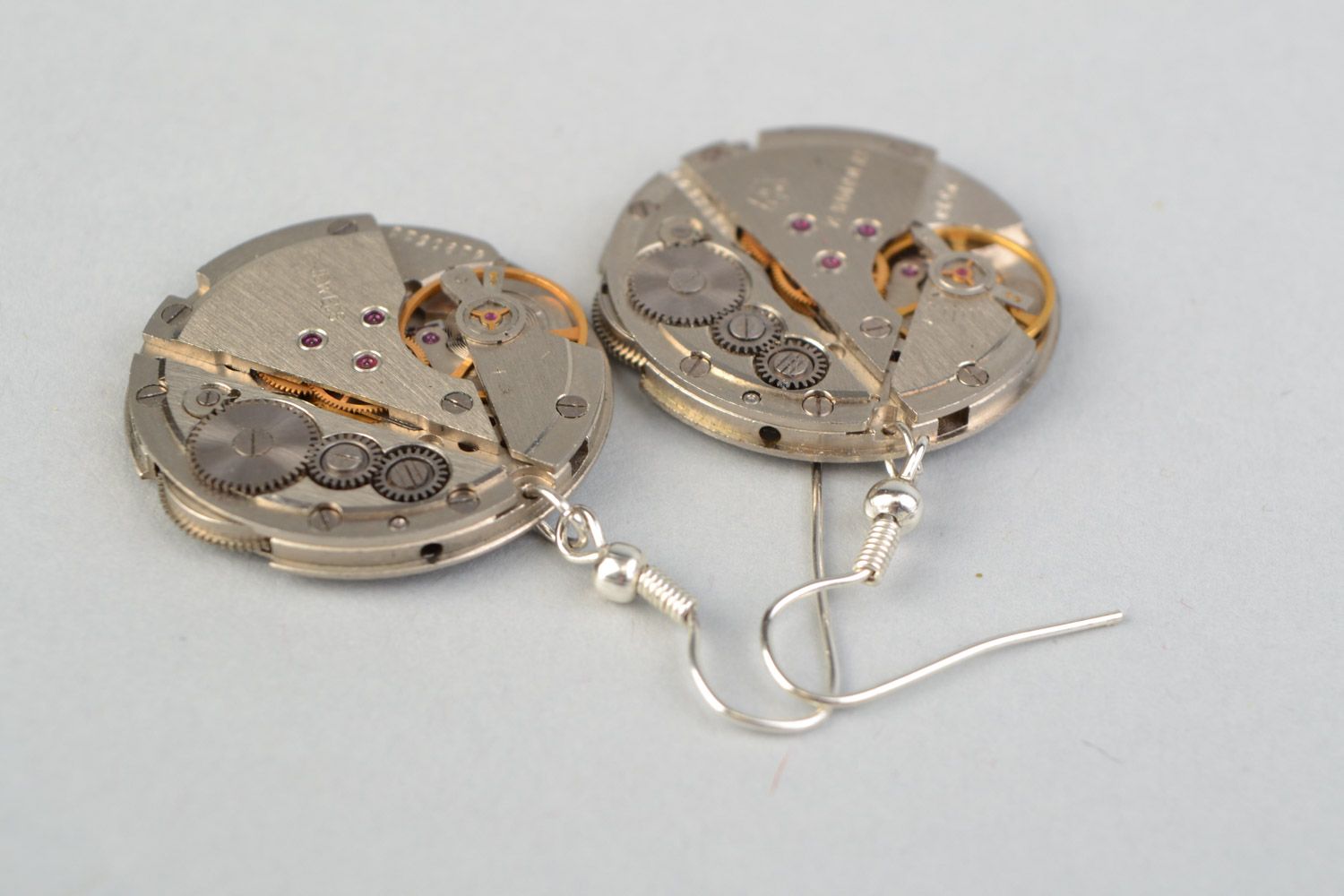 Handmade designer round metal earrings in steampunk style with clock mechanism  photo 3