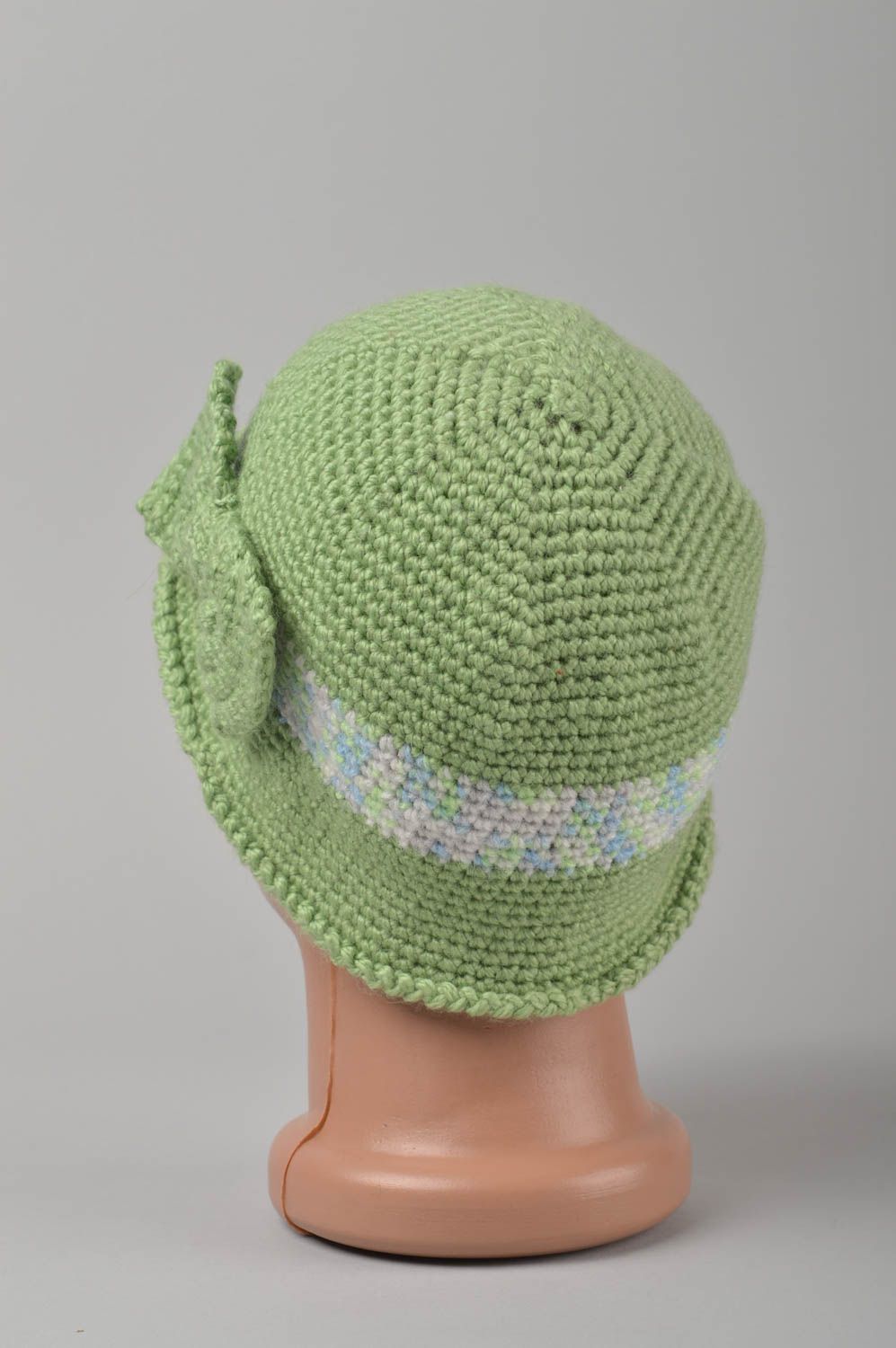 Детская шляпа ручной работы головной убор вязаная шляпа зеленая с бантом фото 5