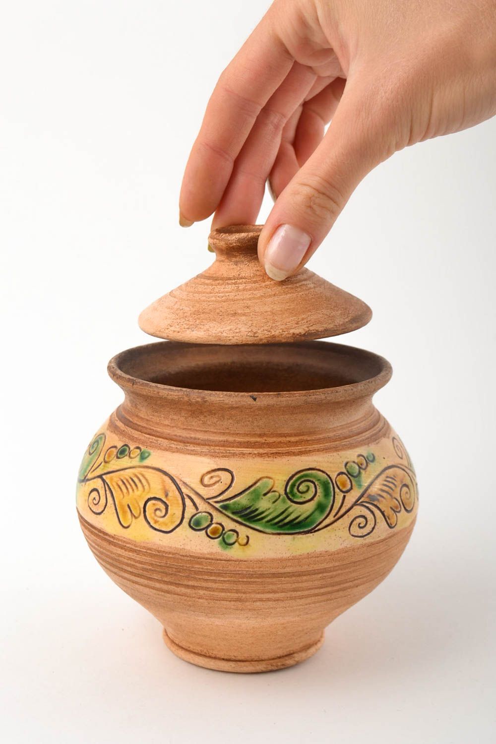 Keramik Topf handmade Ton Geschirr Topf mit Deckel Küchen Zubehör bemalt foto 6