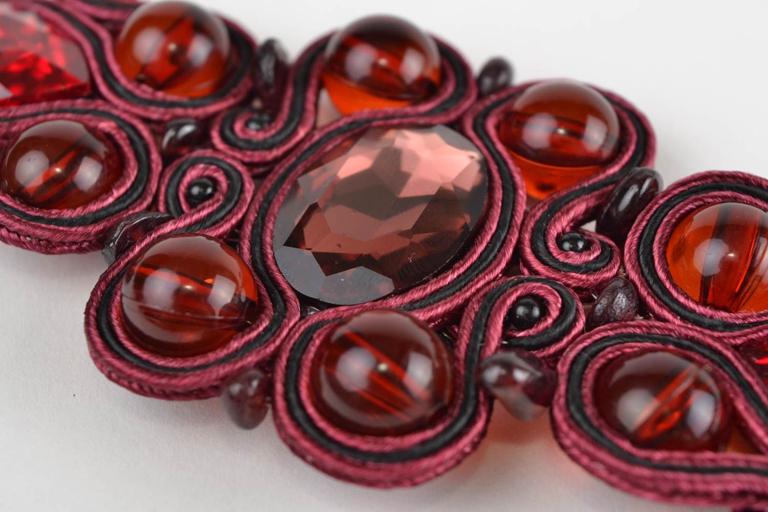 Beautiful dark red handmade soutache bracelet with natural stones photo 4