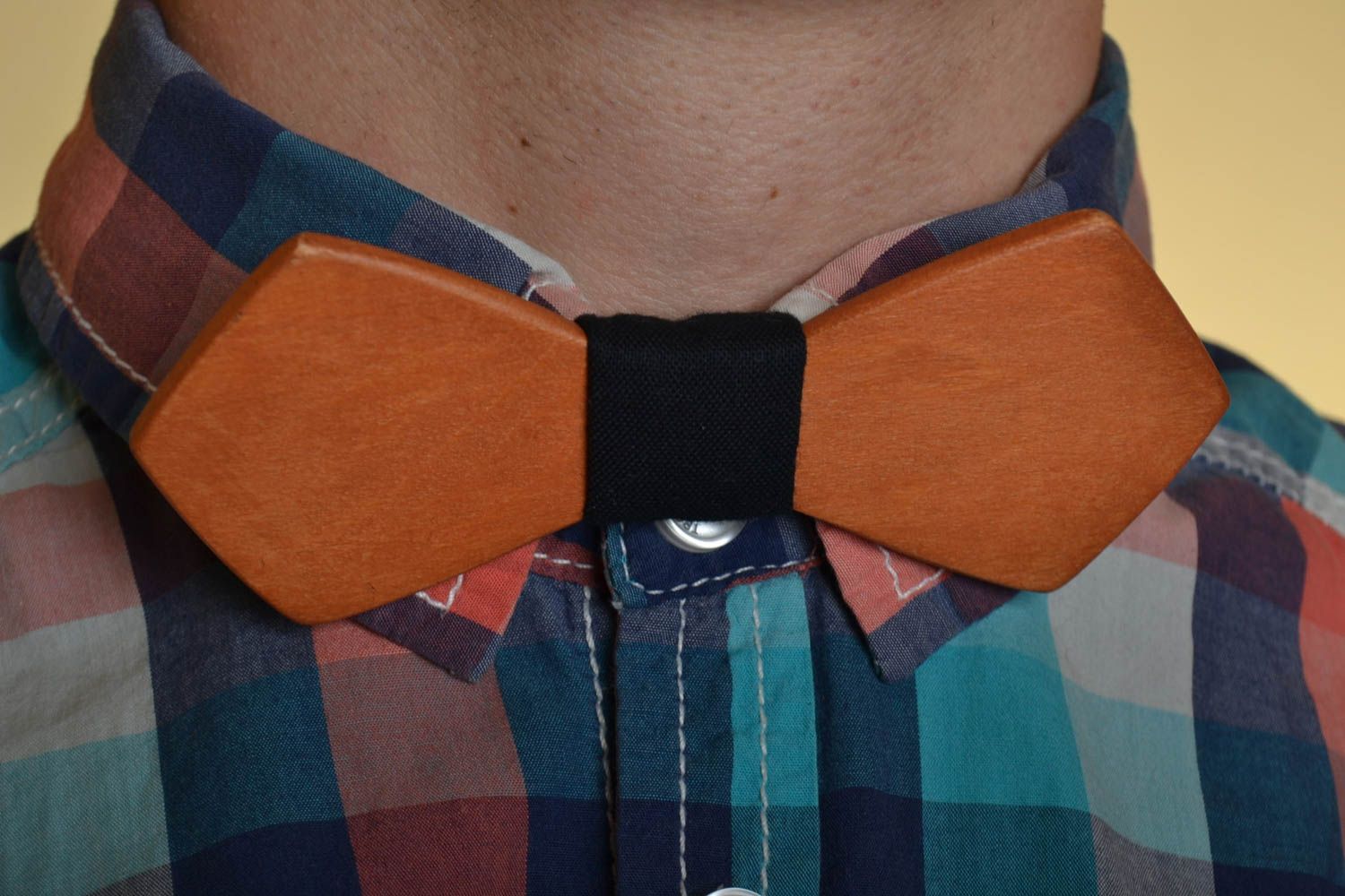 Beautiful stylish black wooden bow tie with fabric strap photo 1
