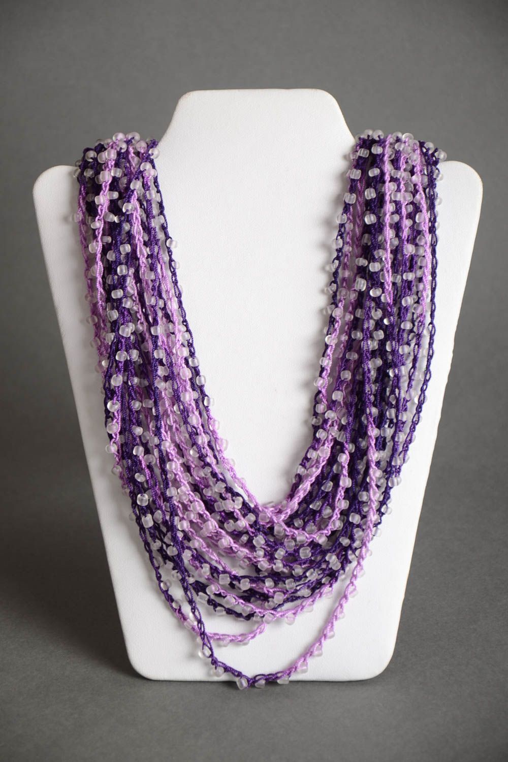 Handmade volume multi row crocheted necklace with beads in lavender color shades photo 2