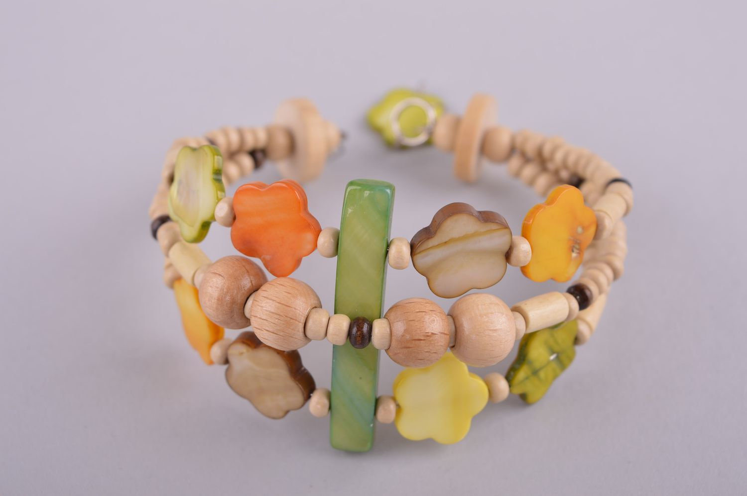 Homemade wooden beads three-row wrist bracelet for women photo 2