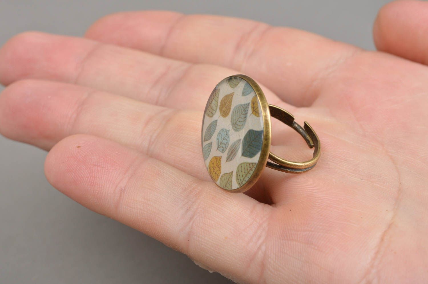 Stylish handmade designer decoupage ring with print coated with epoxy photo 4