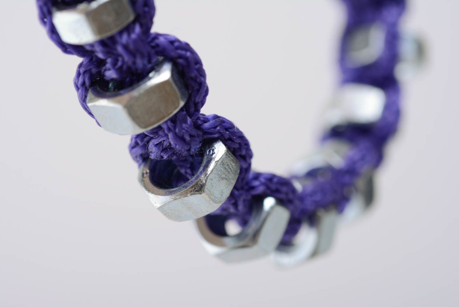 Handmade macrame bracelet made of cord and screw nuts blue drawstring accessory photo 4