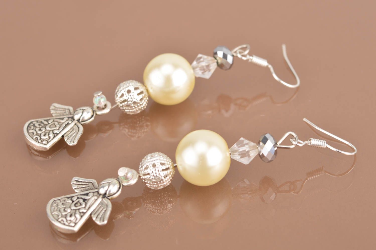 Handmade beaded earrings summer accessory present for girl artificial pearl photo 2