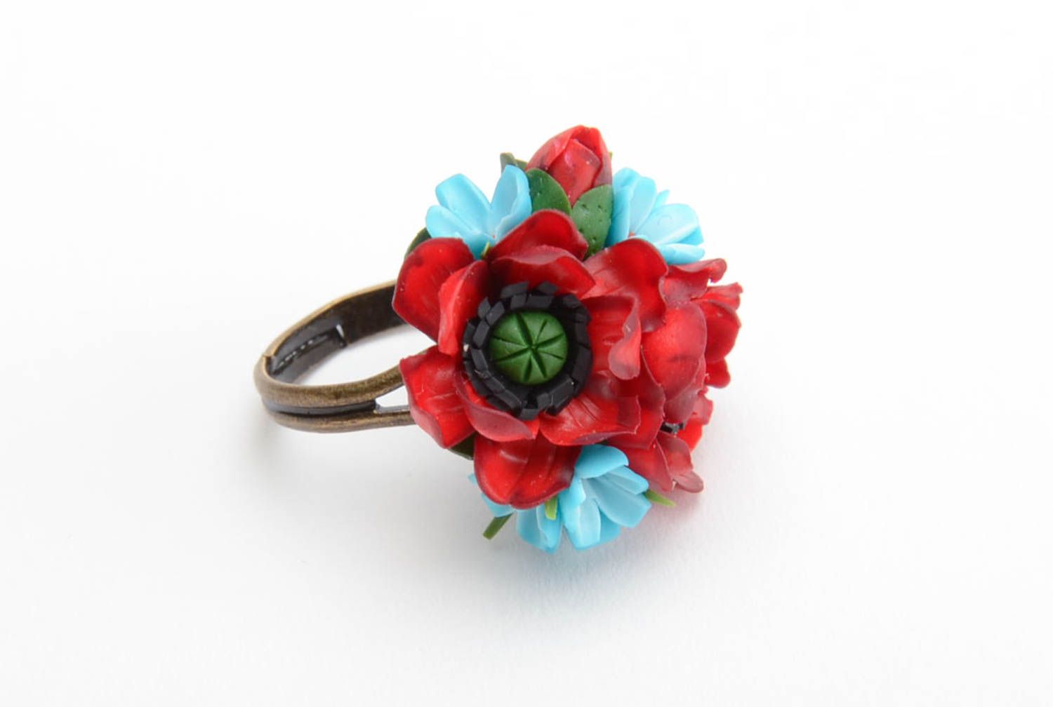 Handmade ring with blue and red polymer clay flowers and metal basis of 18 mm size photo 2