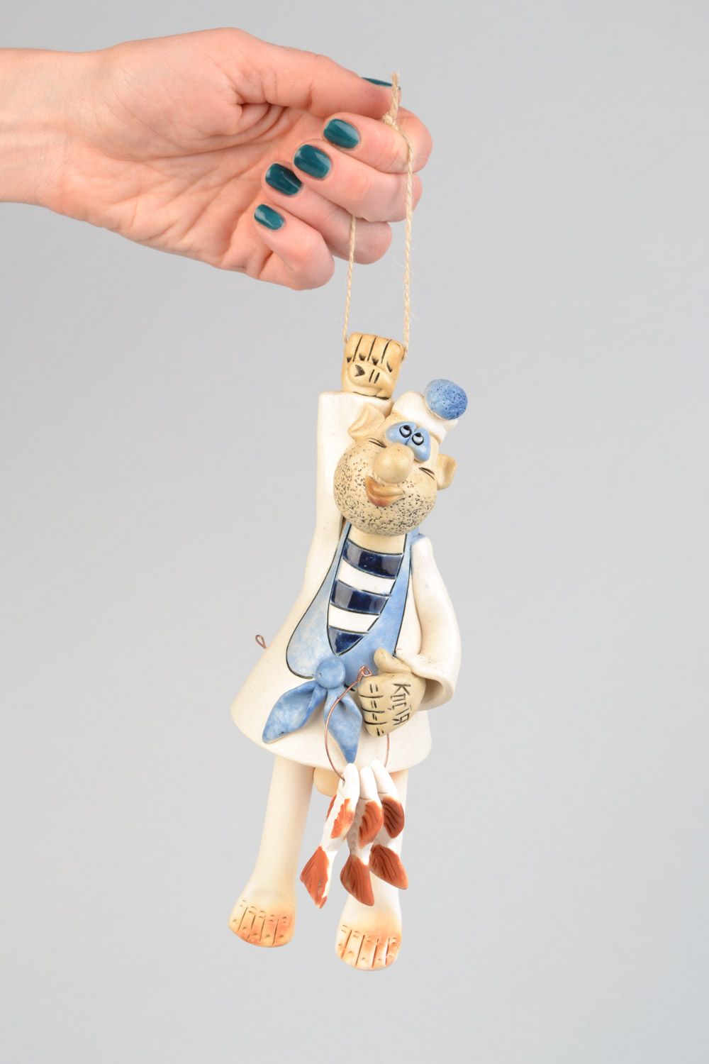 Clochette figurine en argile faite main peinte de glaçure de style marin photo 1