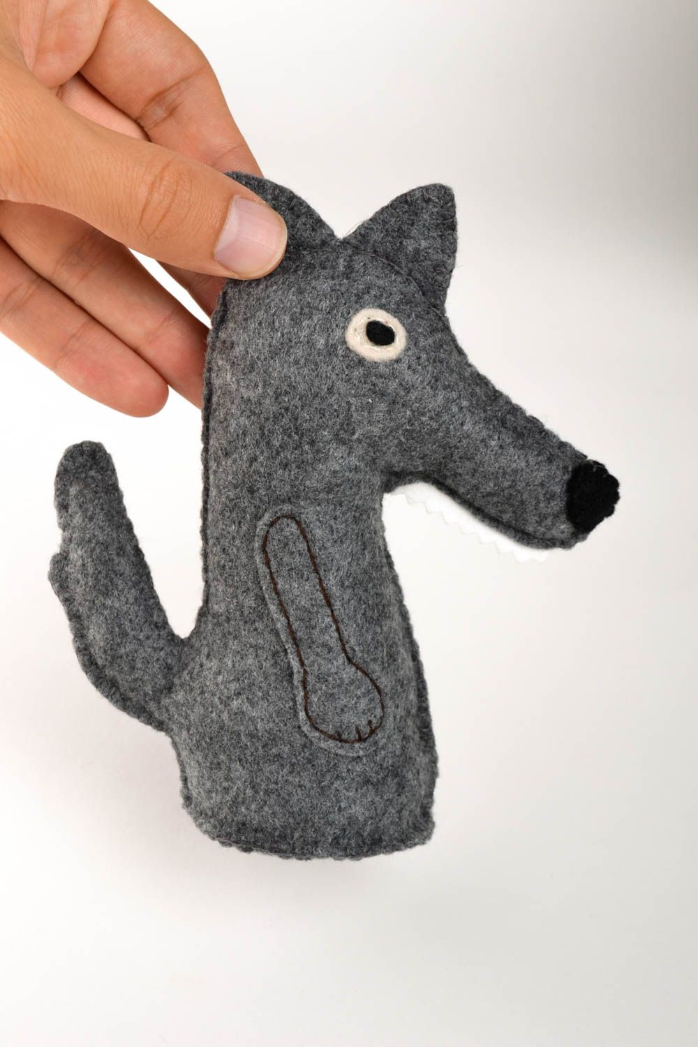Wolf Stofftier handgemachtes Spielzeug Kuscheltier Stoff Filz Dekoration grau foto 3