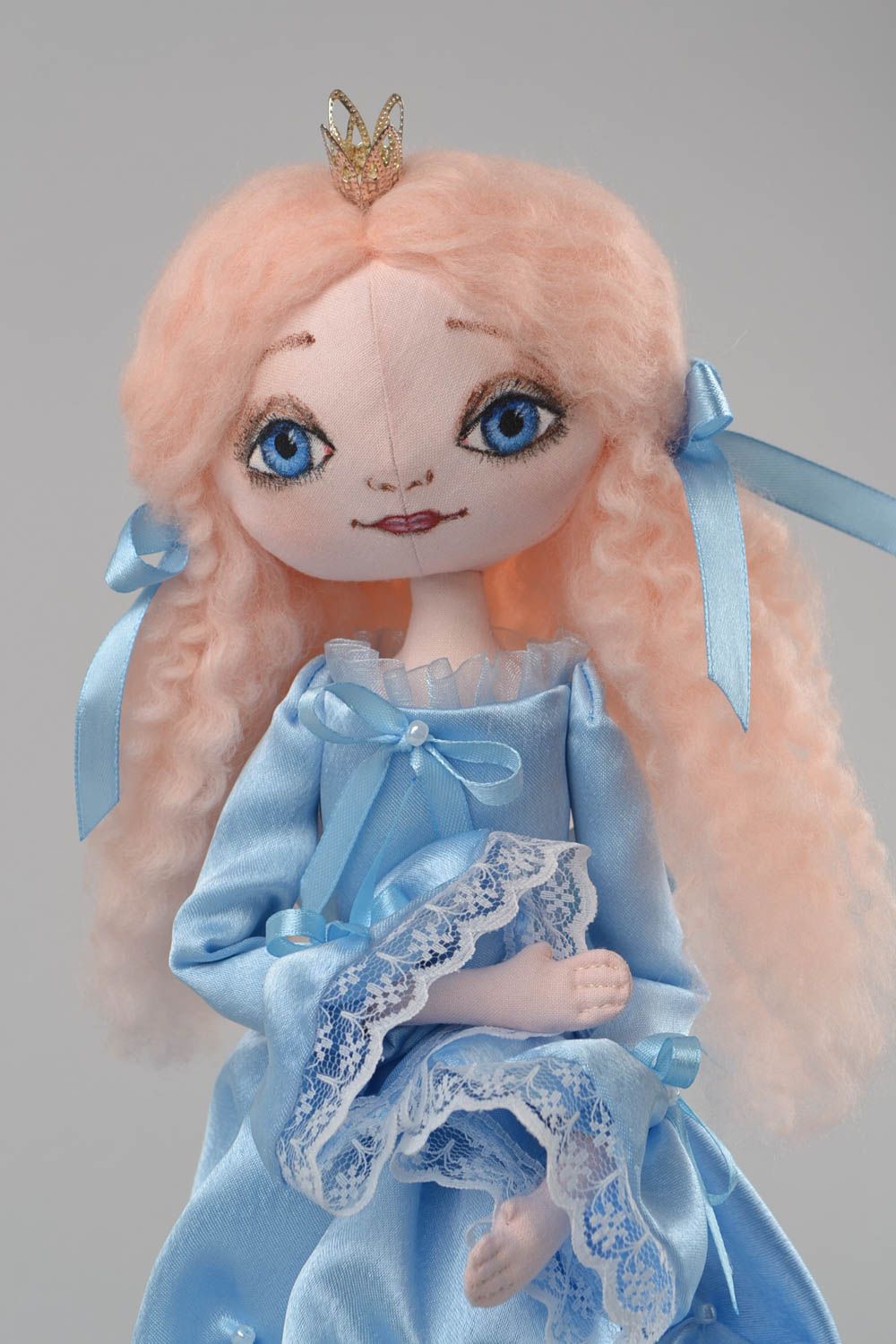 Handmade designer interior fabric soft doll Princess in blue satin dress photo 4