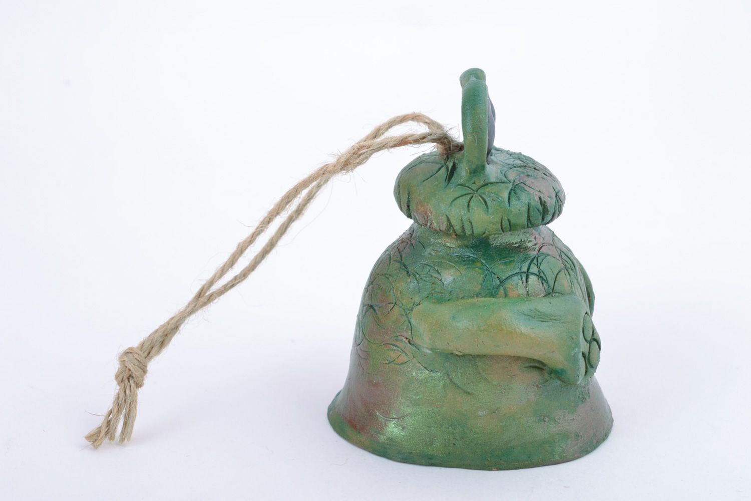 Small handmade funny decorative ceramic hanging bell in the shape of green frog photo 3