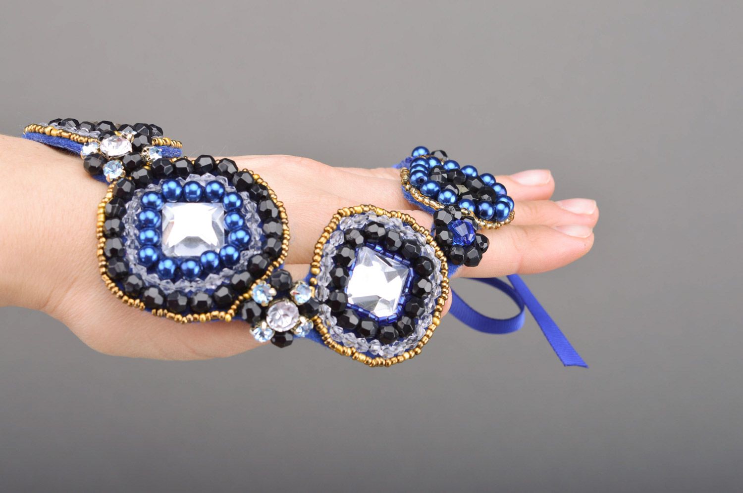 Grand collier bleu feutre perles fantaisie fait main Mille et Une Nuits photo 4