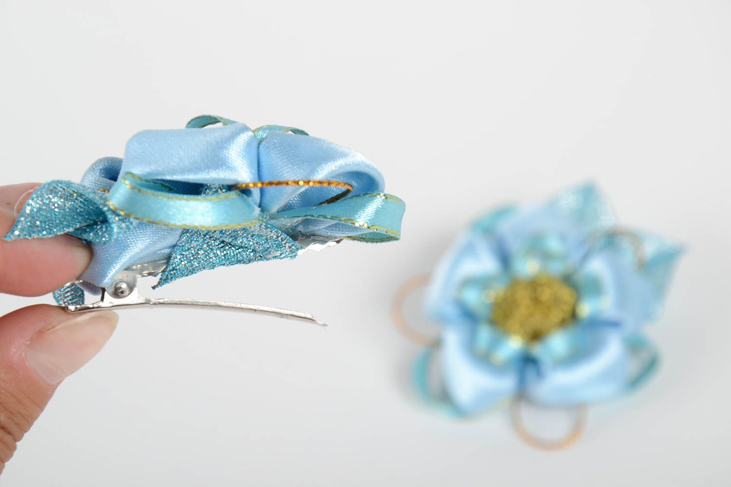 Blue handmade hair clips set of flower hair clips stylish accessories 2 pieces photo 5