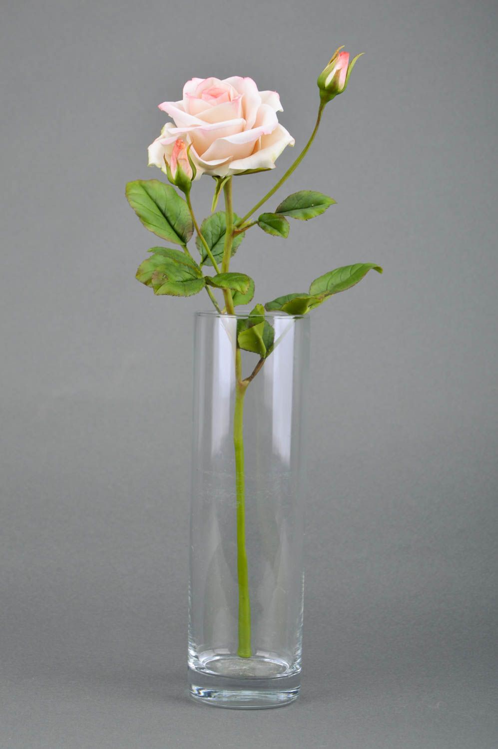 Handmade decorative artificial rose made of polymer clay with beautiful buds of pink color photo 2