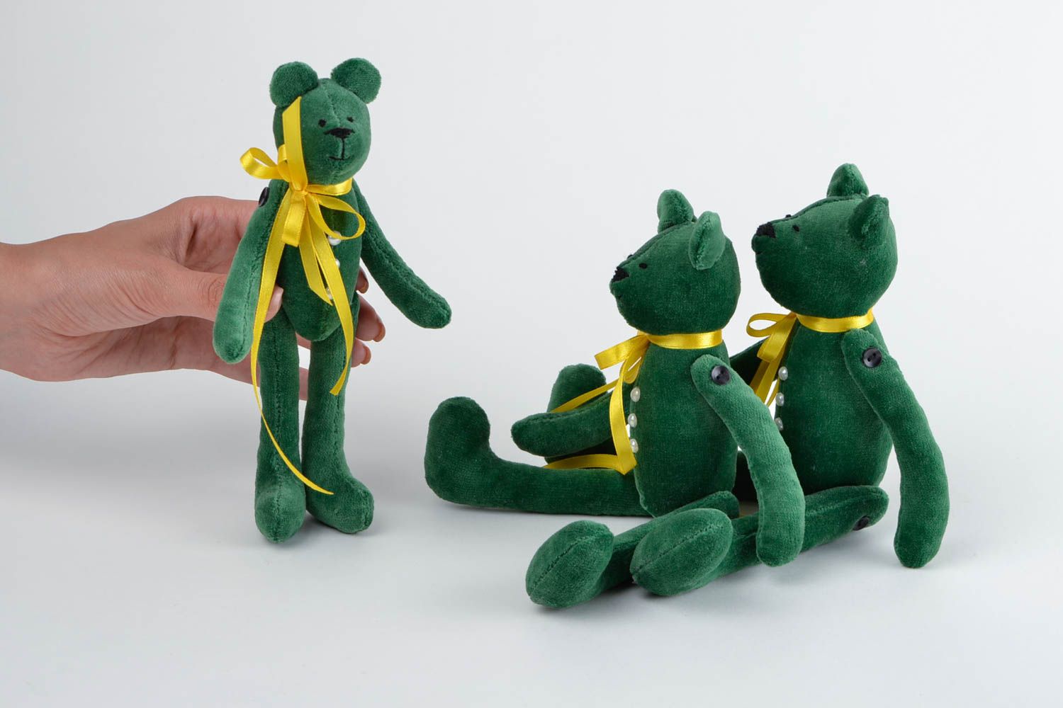 Peluches ours 3 Jouets enfant fait main en velours verts desing Cadeau original photo 2