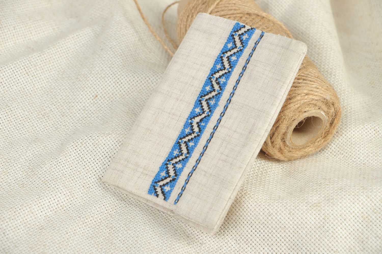 Designer linen passport cover with blue embroidery photo 5