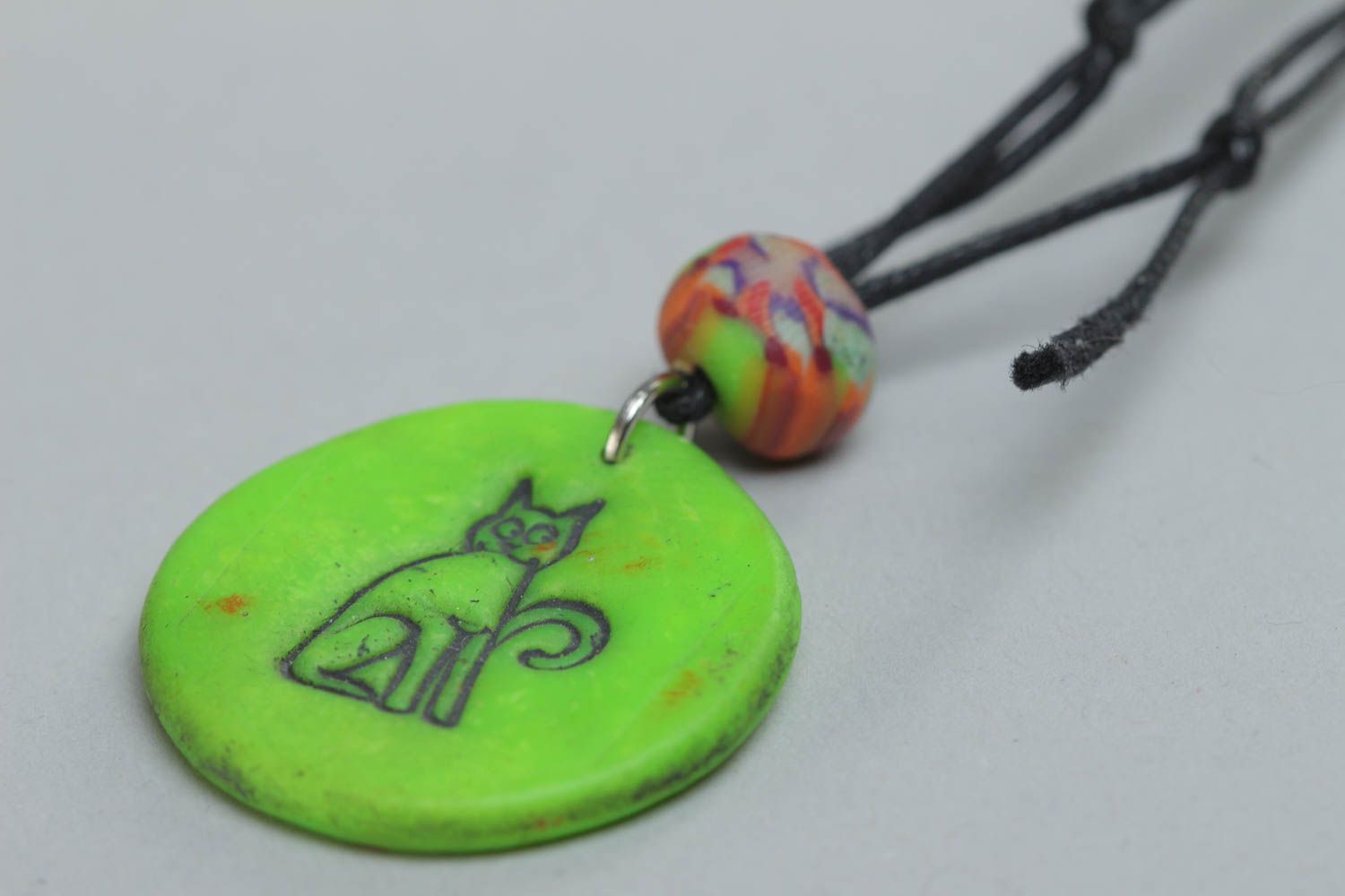 Handmade bright polymer clay pendant Cat unusual accessory on long cord photo 3