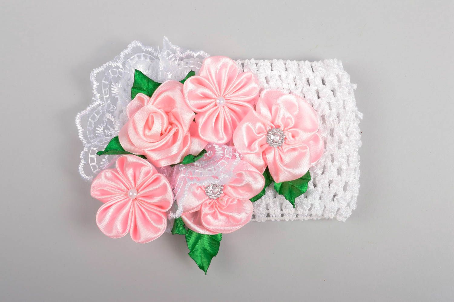 Handmade Haarband mit Blumen Mädchen Haarschmuck Mode Accessoire weiß rosa foto 3