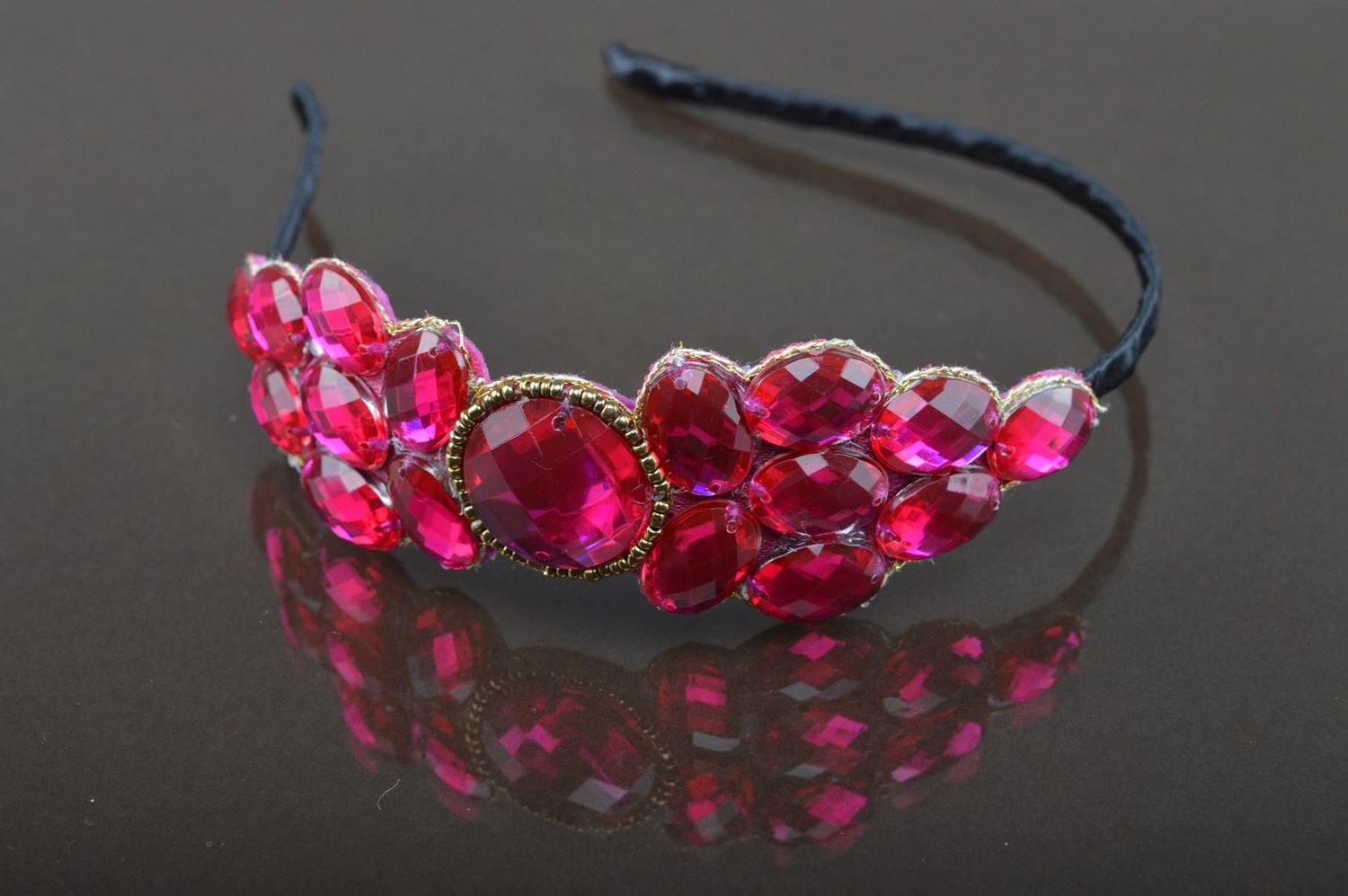 Thin handmade headband with stones and beads of crimson color for girls photo 1