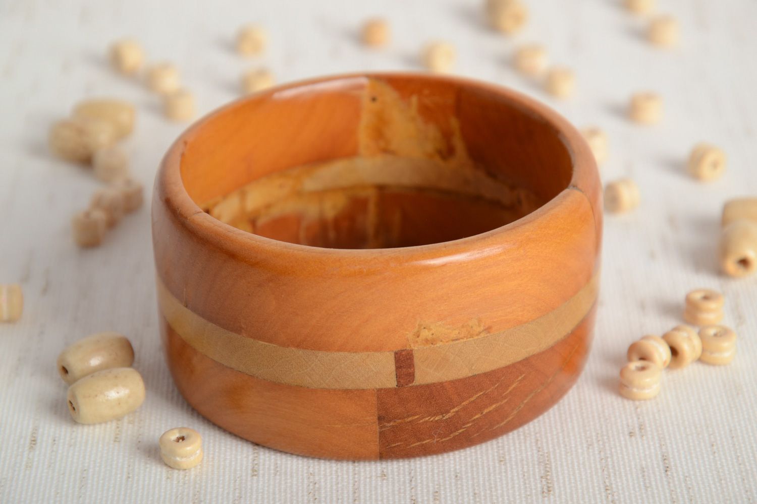 Wide handmade varnished tinted wooden wrist bracelet with inlay for women photo 1