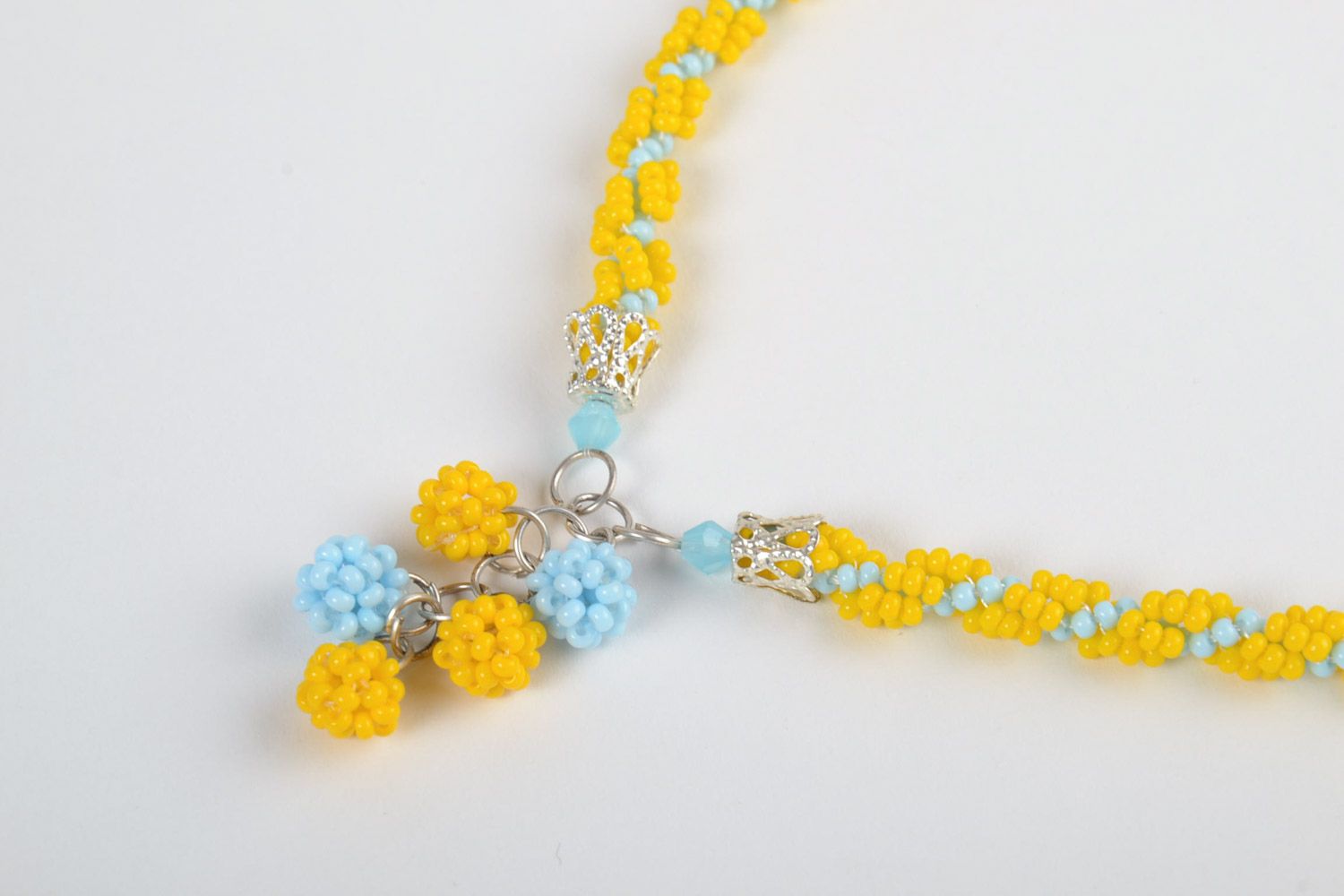 Unusual beautiful stylish handmade long beaded necklace of bright yellow color photo 2