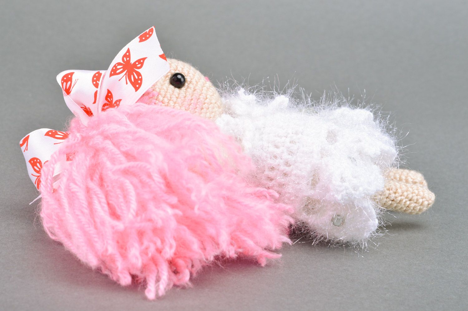 Small handmade pink crochet soft toy in the shape of girl for gift photo 5