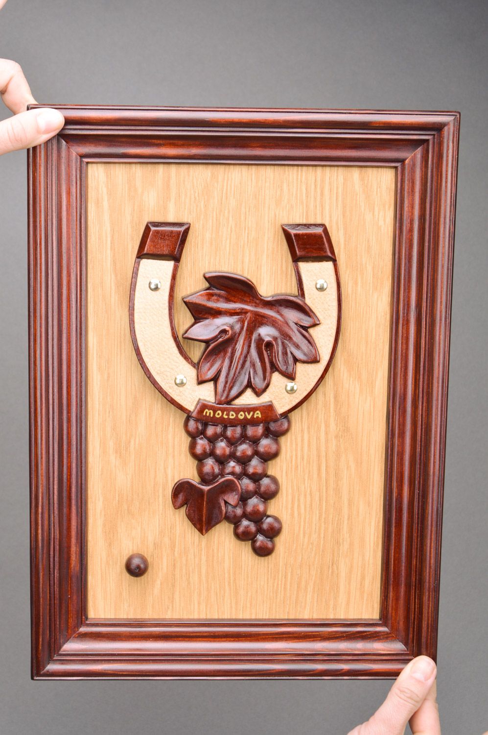 Handmade decorative brown wooden wall panel with bunch of grapes with frame photo 3