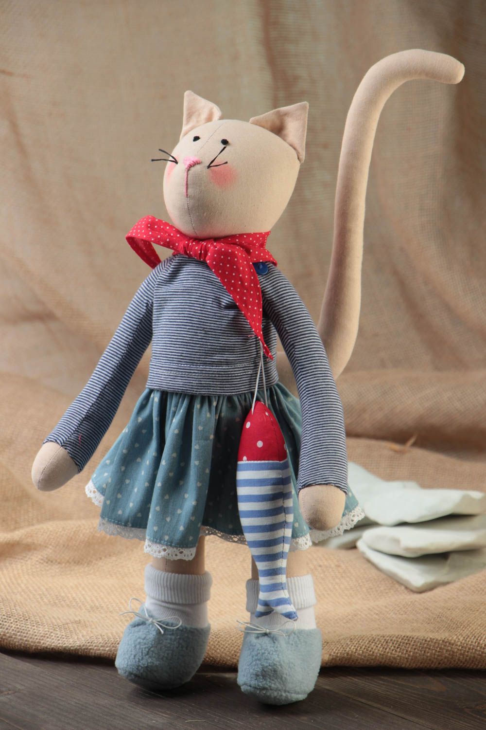 Soft toy cat in dress with long tail rag doll beautiful handmade home decor photo 1