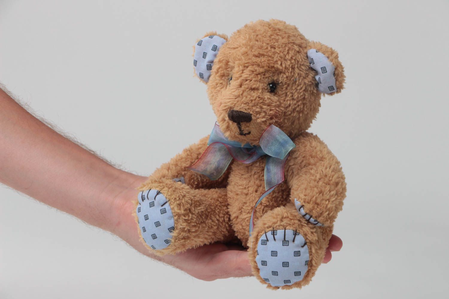 Handmade designer soft toy beige bear with blue bow for children photo 5