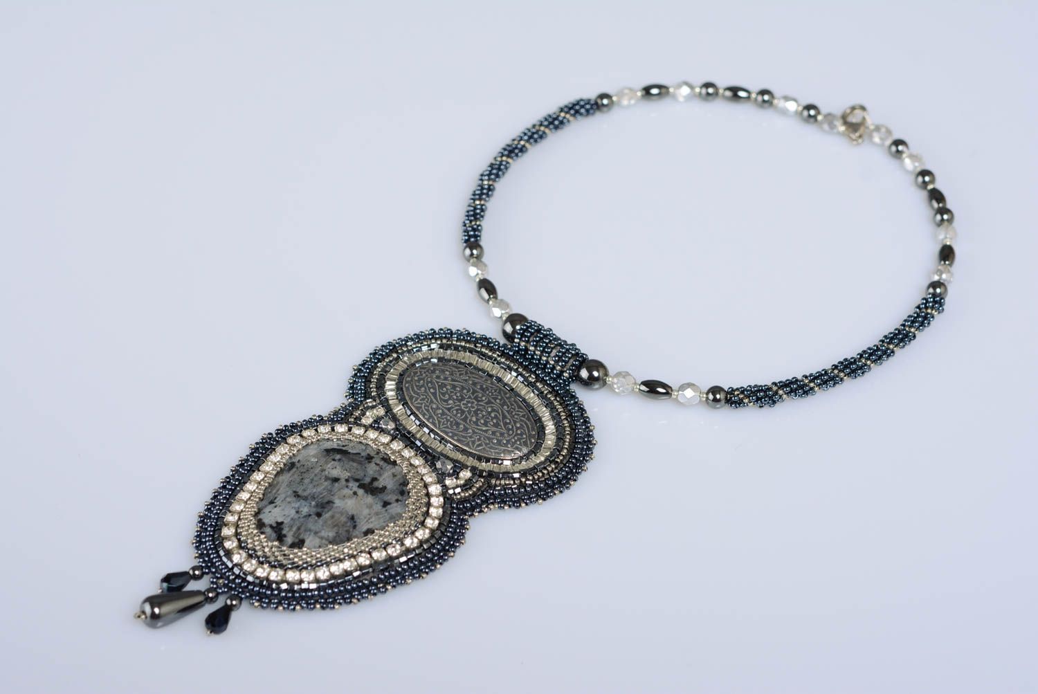 Large beaded handmade dark necklace with natural larvikite stone  photo 1