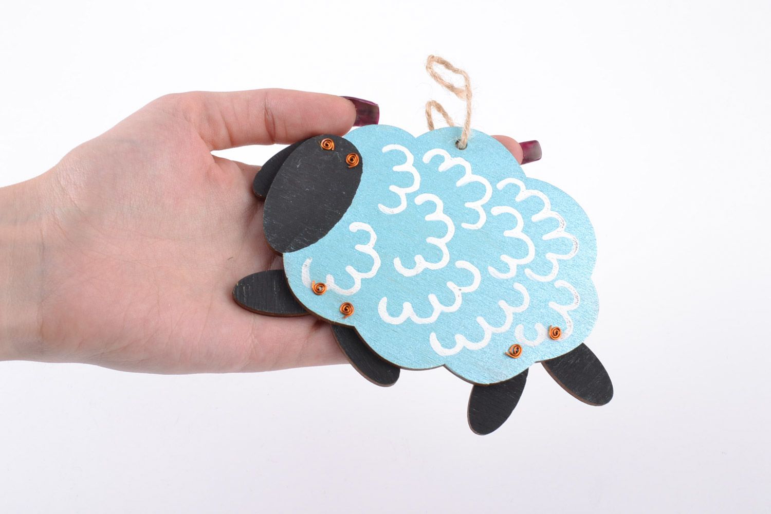 Small homemade wooden painted wall hanging Blue Lamb for interior decoration photo 5
