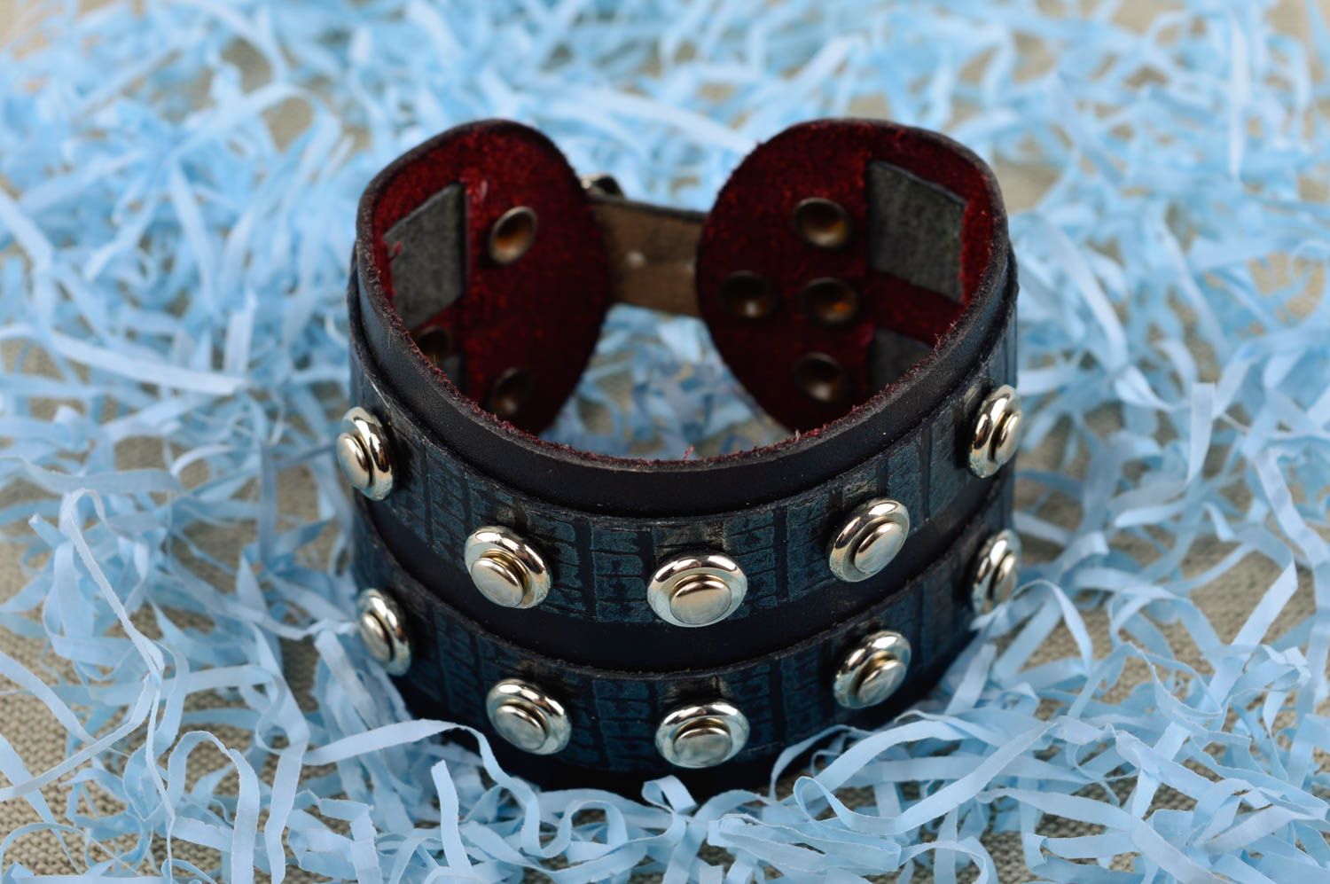 Bracelet cuir noir Bijou fait main large design stylé Cadeau femme original photo 1