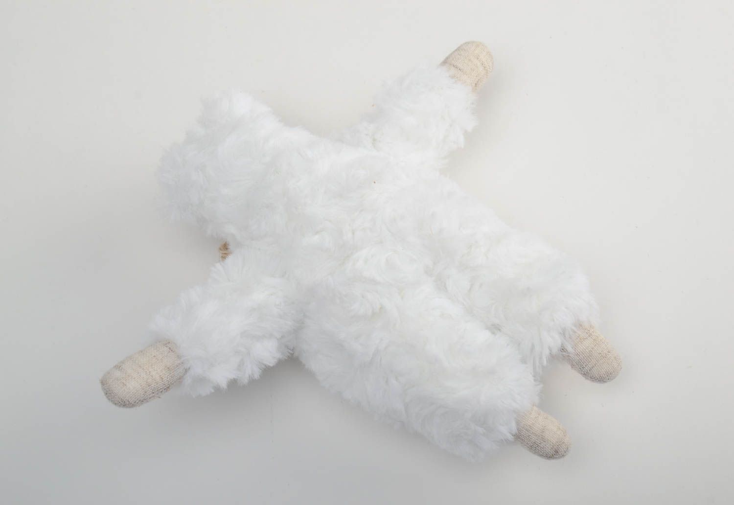 Handmade designer fluffy soft toy lamb sewn of faux fur with heart and tiny bell photo 4