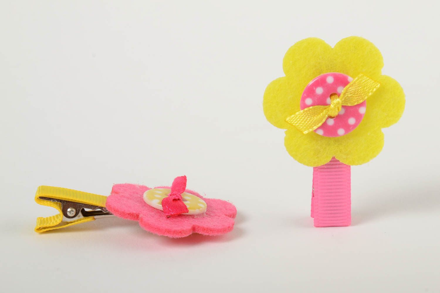 Handmade baby hairpins made of rep ribbons and fleece 2 pieces pink and yellow photo 2