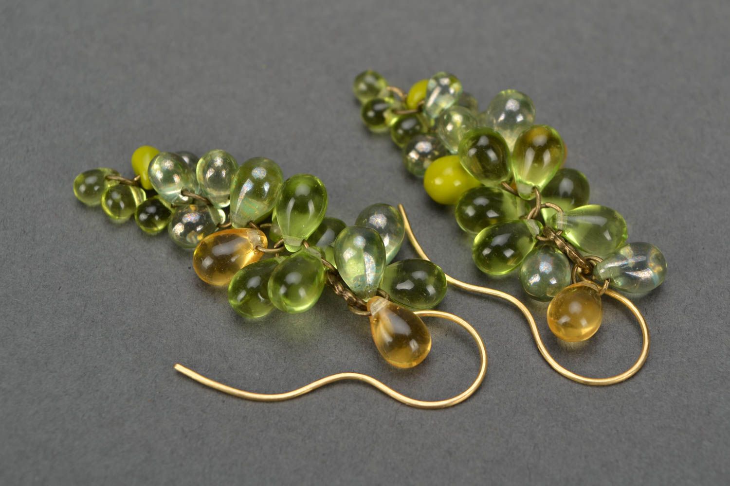 Handmade designer long glass bead earrings Green Grapes  photo 1