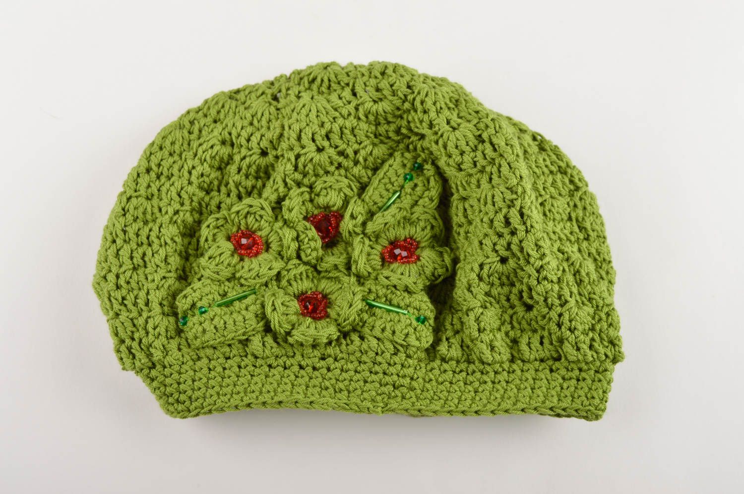 Красивая шапка ручной работы вязаная шапка зеленая зимняя шапка женская фото 5